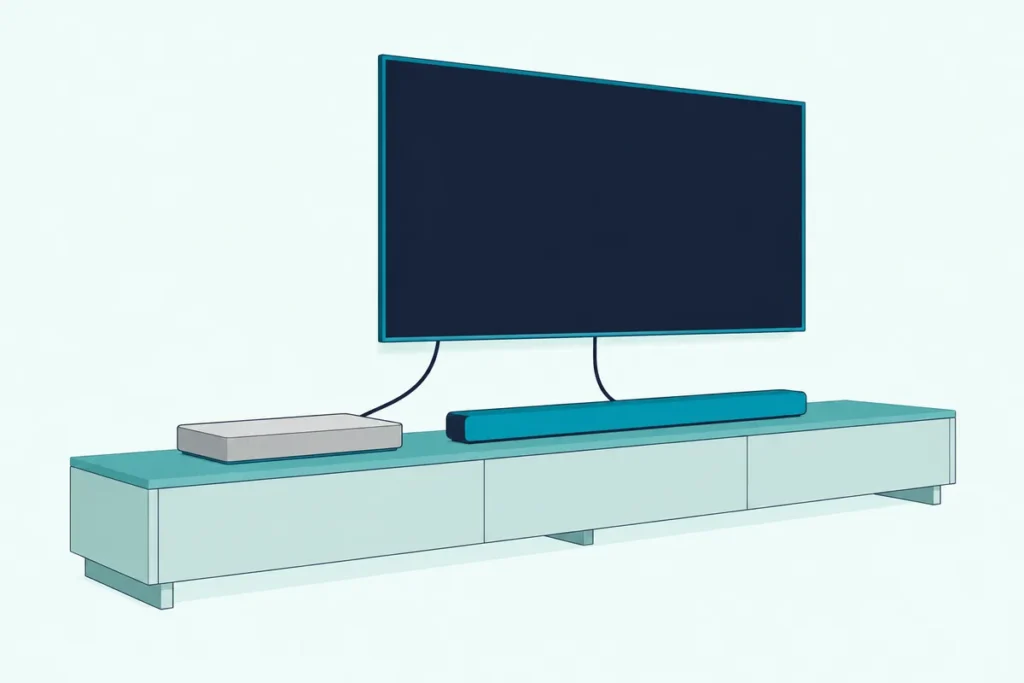 Game console box, wall-mounted TV and soundbar on a low wooden stand, joined by two HDMI cables