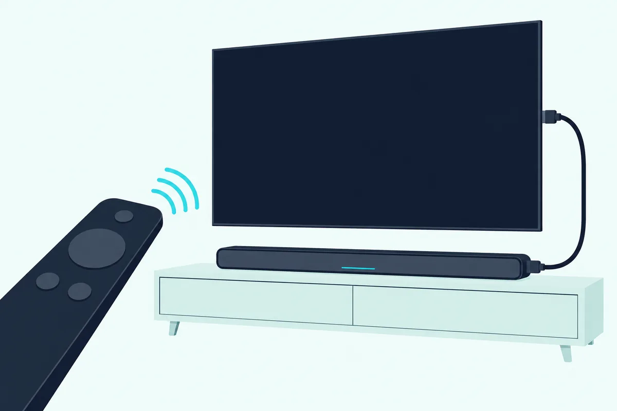Plain black remote pointed at a wall TV with a soundbar below it and a cable linking TV and soundbar