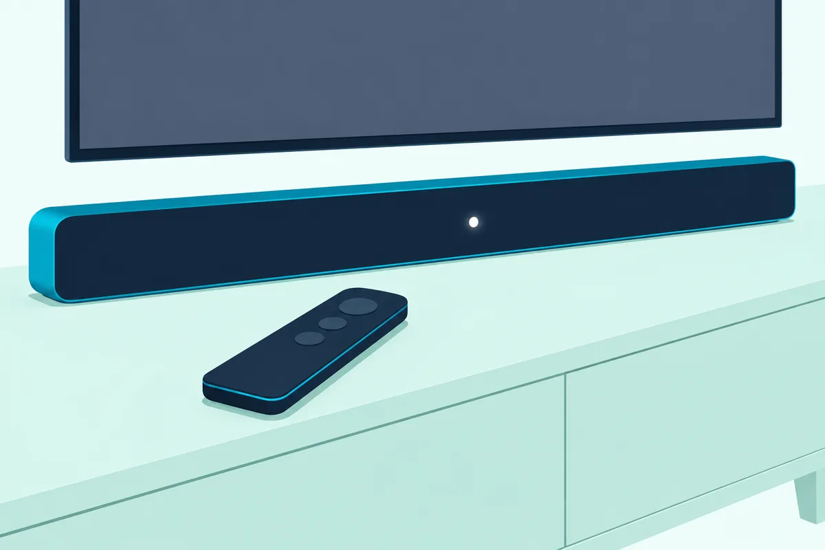 Plain TV remote resting on a console beside a long soundbar with one small white light glowing