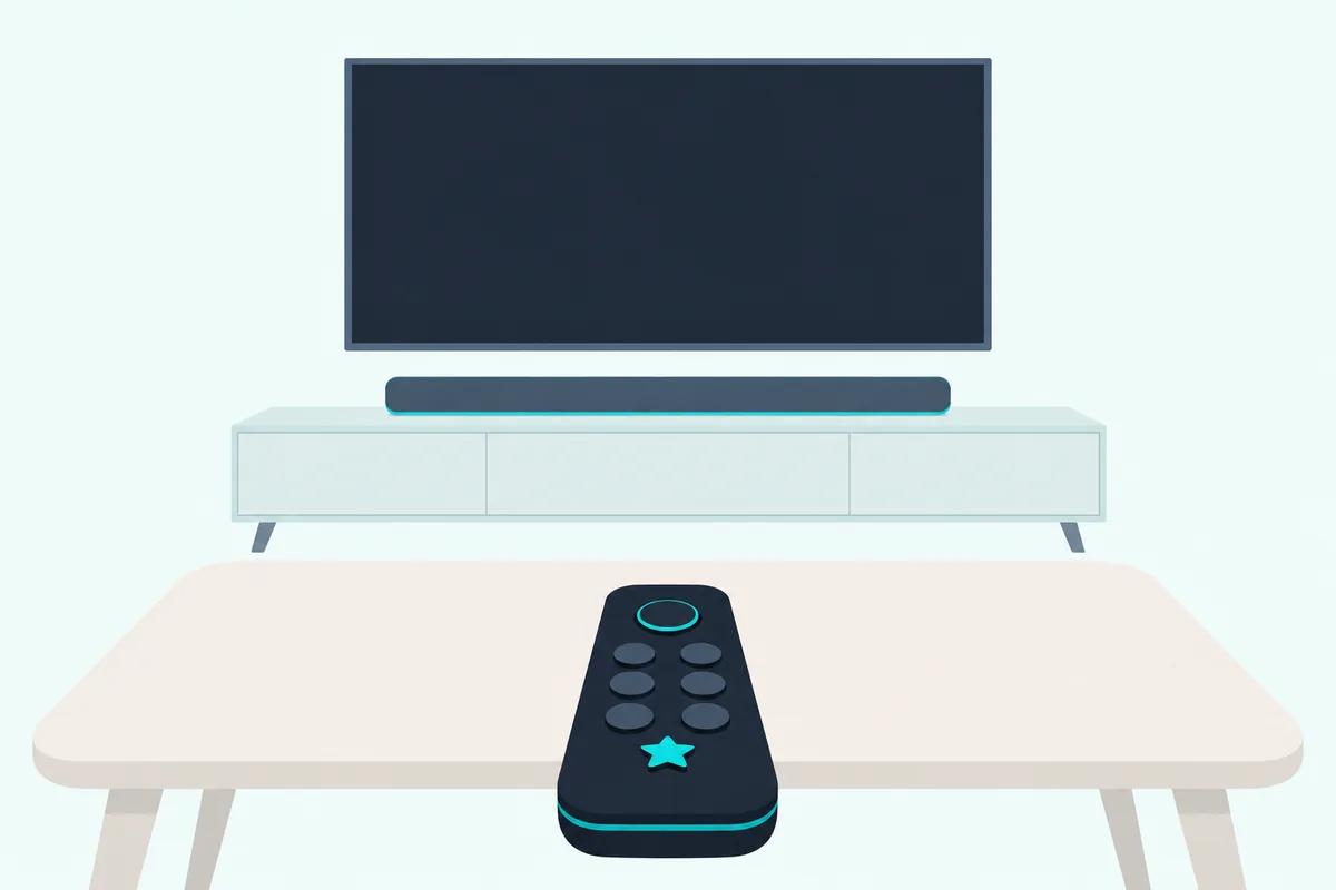 Plain black TV remote lying on a wooden coffee table in front of a slim soundbar under a TV with a dark screen