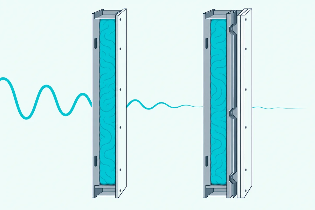 A plain wall with wool and the same wall with a metal channel and a second drywall layer, sound barely passing the second