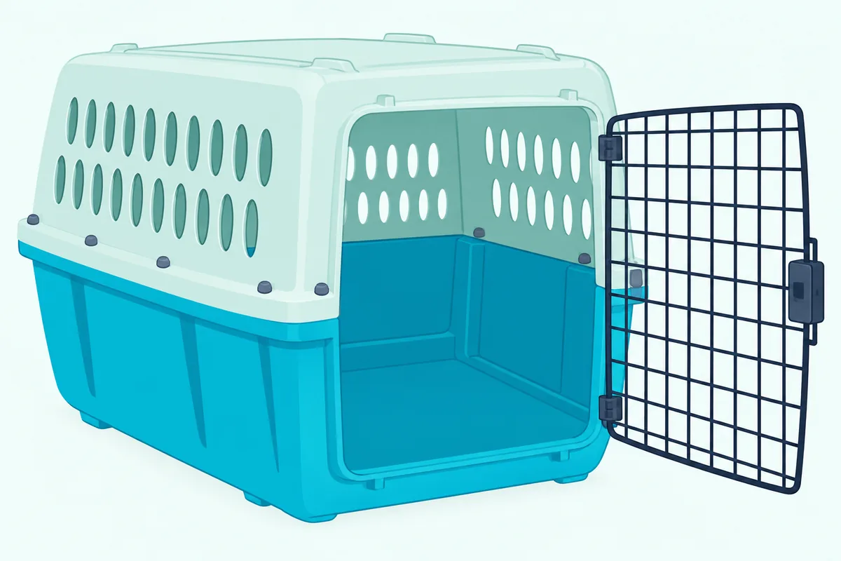 A plastic dog kennel with rows of oval vents along its side walls and an open wire front door