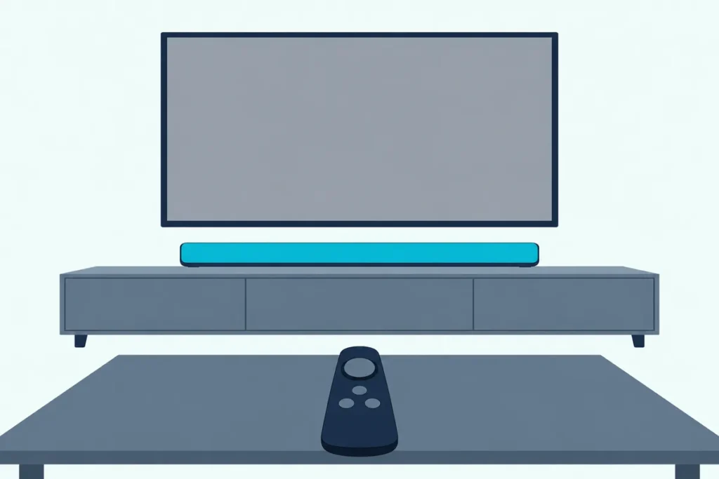 Pointer-style TV remote on a coffee table, aimed at a wall TV with a blank screen and a soundbar on a console below