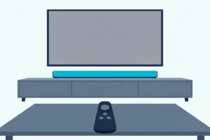 Pointer-style TV remote on a coffee table, aimed at a wall TV with a blank screen and a soundbar on a console below