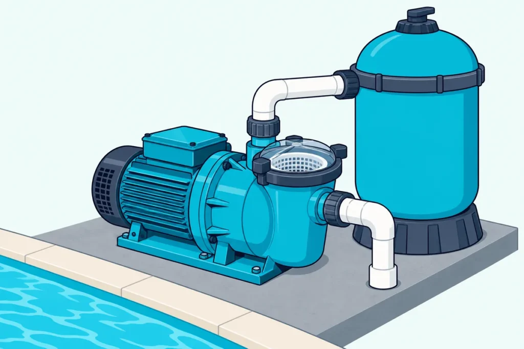 Pool pump and filter tank on a concrete equipment pad beside a pool, with white pipes running into the slab