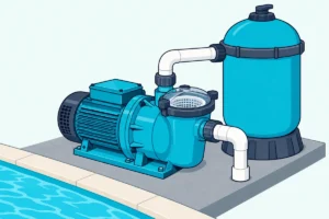 Pool pump and filter tank on a concrete equipment pad beside a pool, with white pipes running into the slab