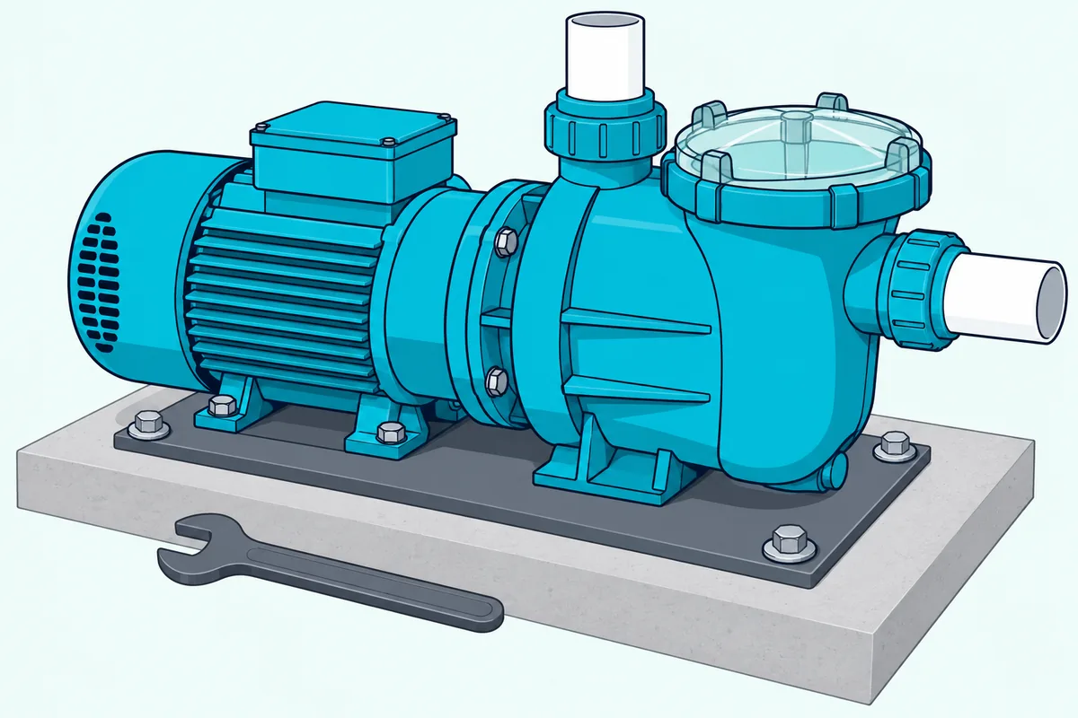 Pool pump with its base bolted to a concrete equipment pad, a wrench lying on the pad beside it