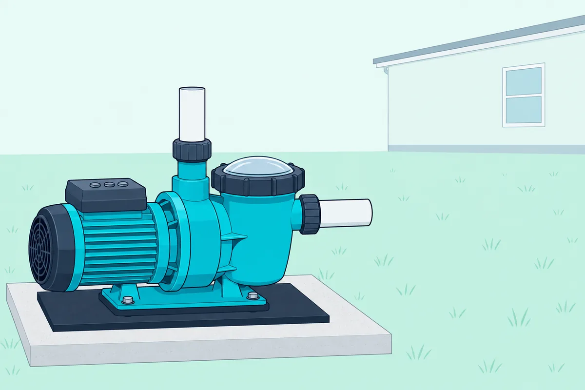 A pool pump bolted to a concrete pad on a black rubber mat, set well back from a house wall with a closed window