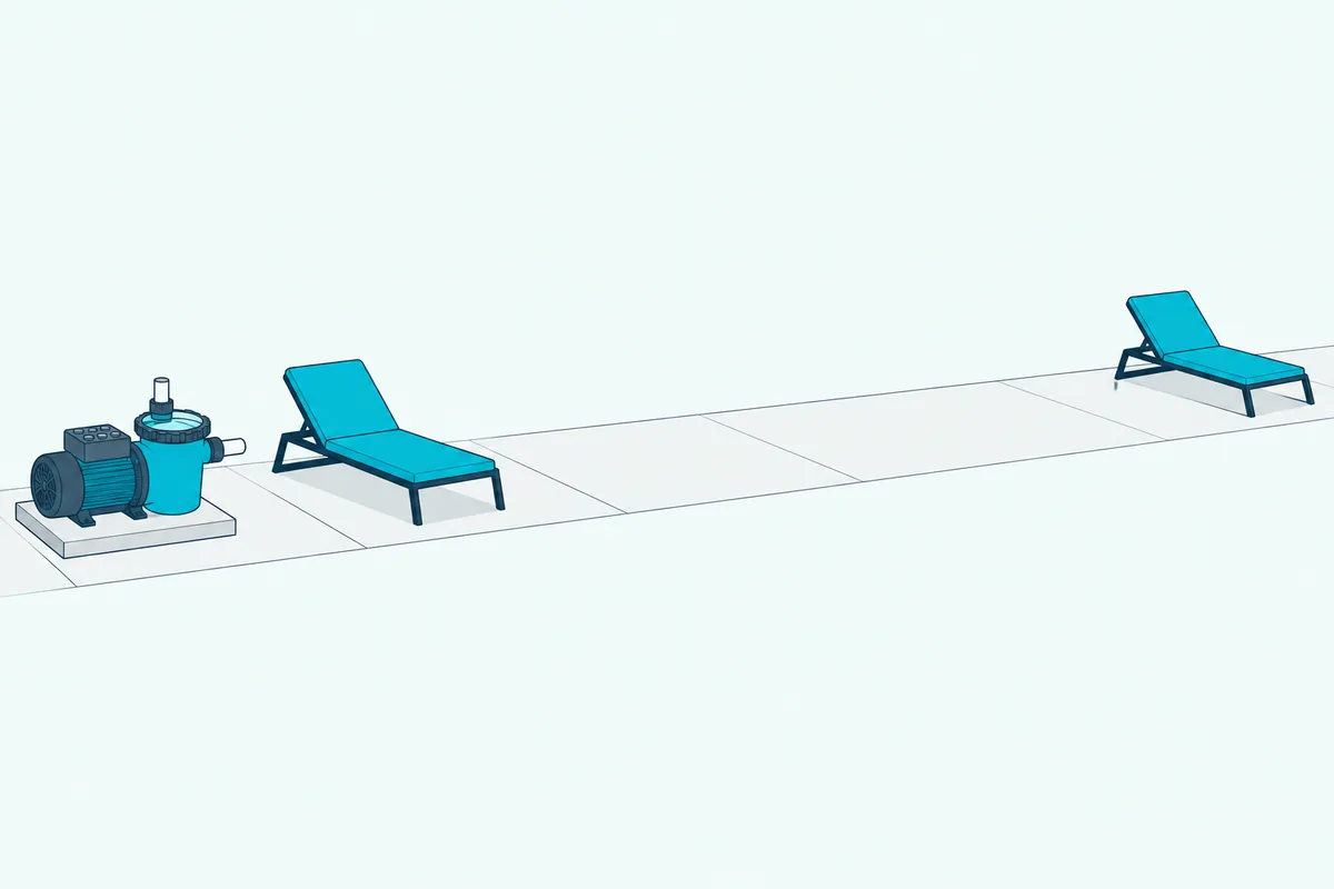 A pool pump on a concrete pad with two empty lounge chairs on the patio, one close to the pump and one far away