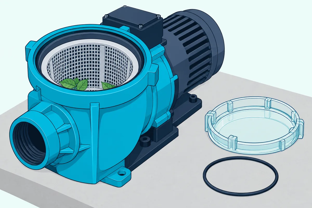 Pool pump strainer lid upside down beside the open strainer housing, with its rubber O-ring lifted out