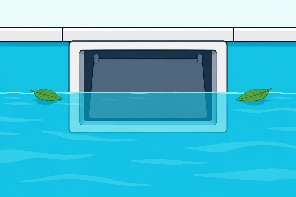 Pool skimmer opening at the pool's edge with the water line halfway up the opening