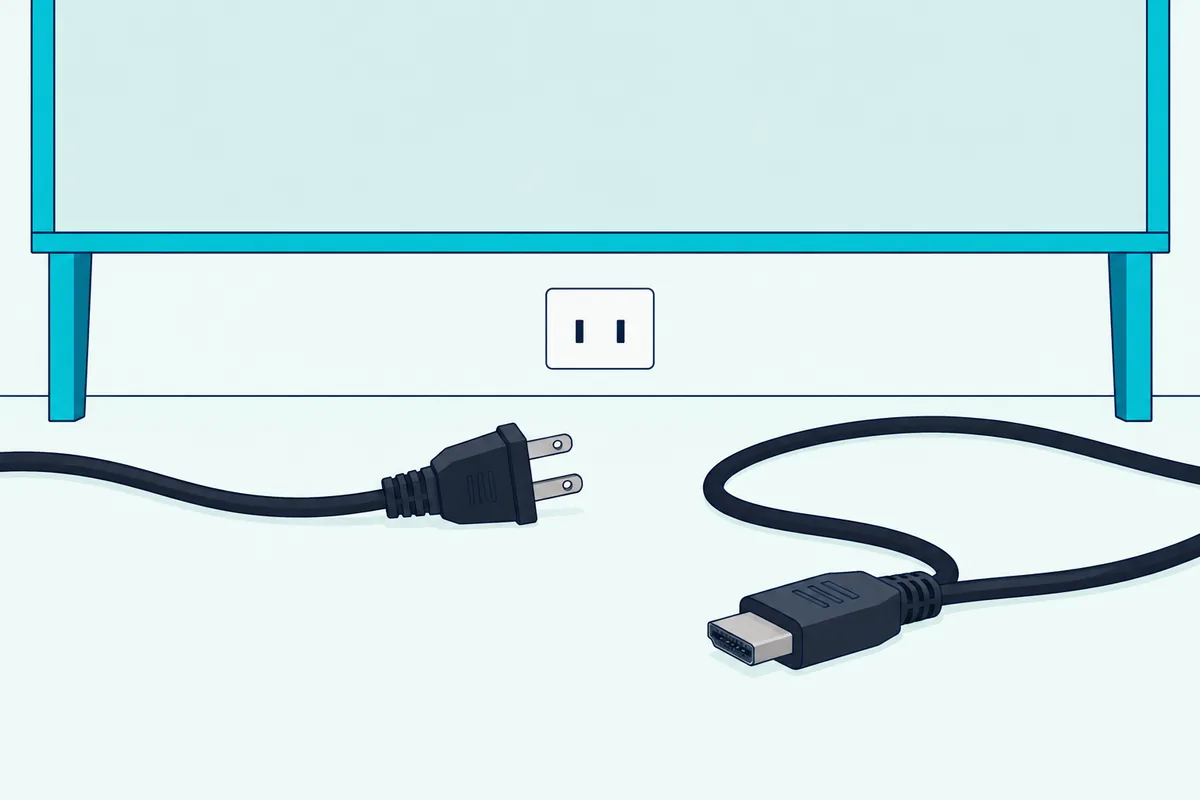 Power plug pulled out of a wall socket beside a loose HDMI cable on the floor behind a TV console