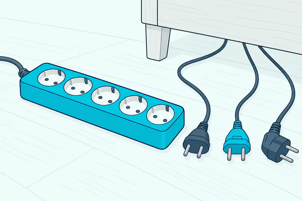 Power strip on a wooden floor beside a TV stand with three plugs pulled out and lying next to it