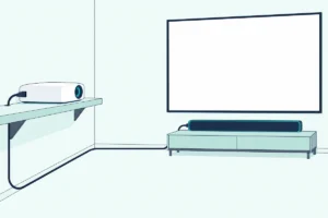 Projector on a shelf facing a blank screen, with one HDMI cable running to a soundbar below the screen