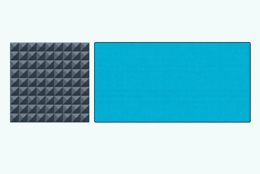A pyramid acoustic foam panel beside a fabric-wrapped acoustic panel of the same height on a wall