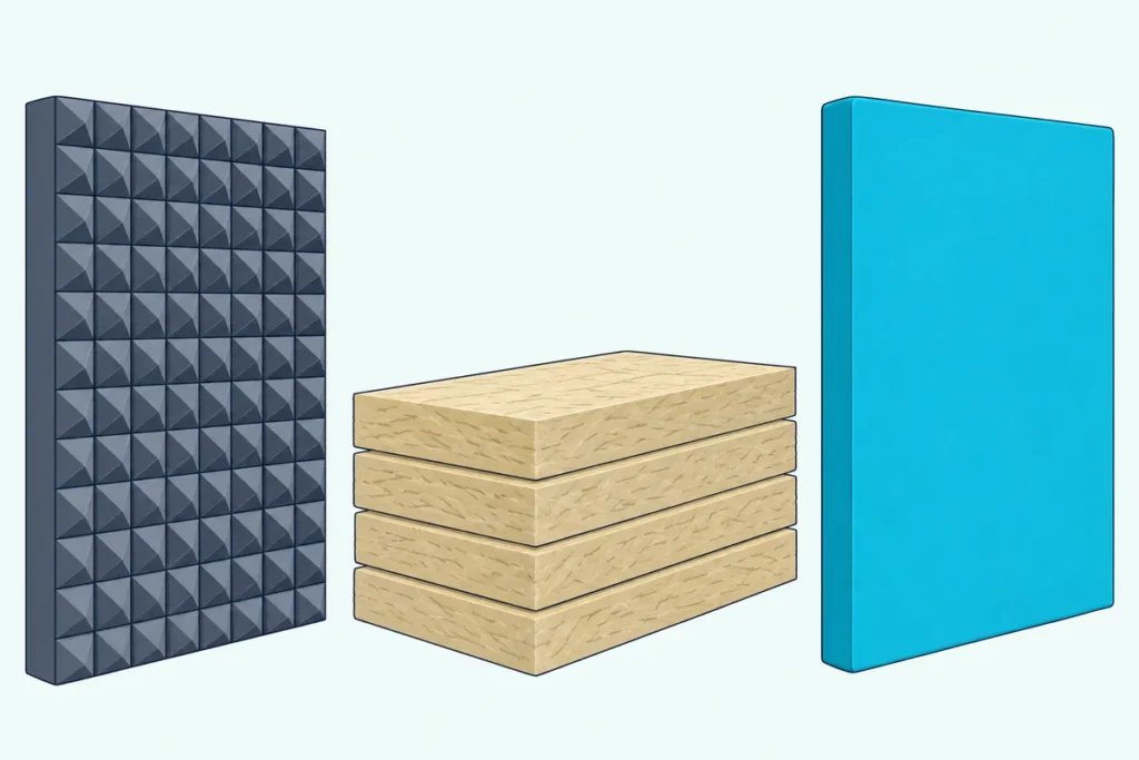 A pyramid acoustic foam panel beside a stack of rockwool boards and a fabric-wrapped rockwool panel