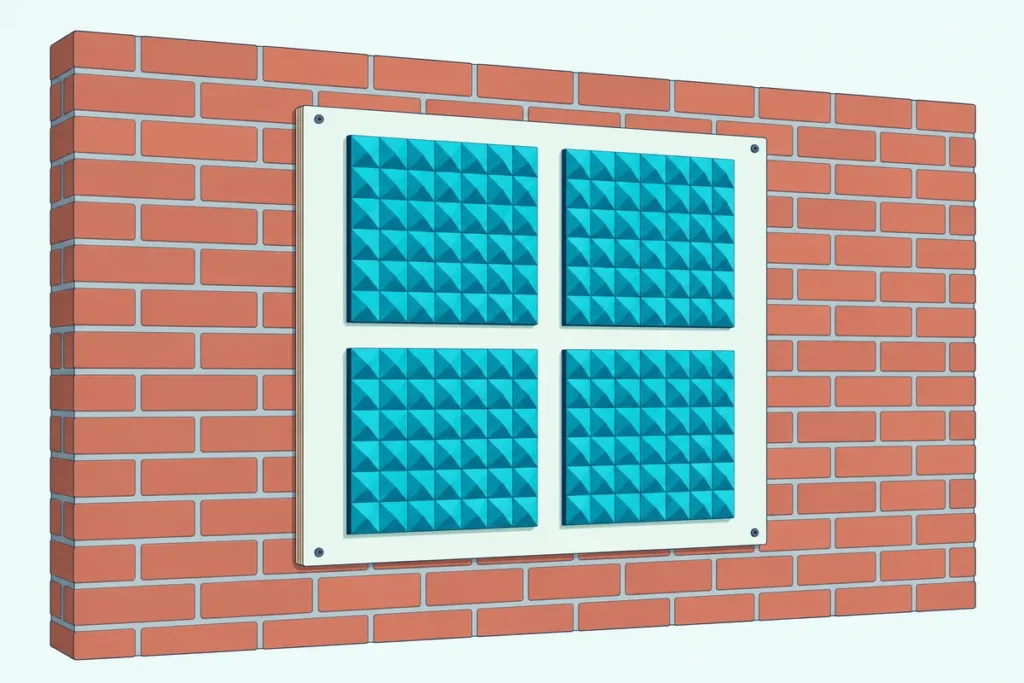 Pyramid acoustic foam panels mounted on a plywood backing board fixed to a red brick wall