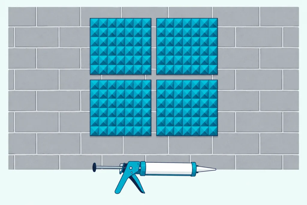 Four pyramid acoustic foam panels mounted on a gray cinder block wall, with a caulking gun on the floor below