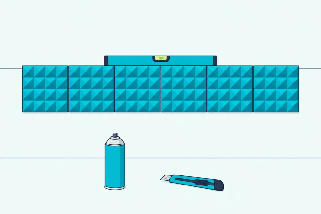 Pyramid foam tiles installed along a level line on a wall, with a spirit level, a spray adhesive can and a knife
