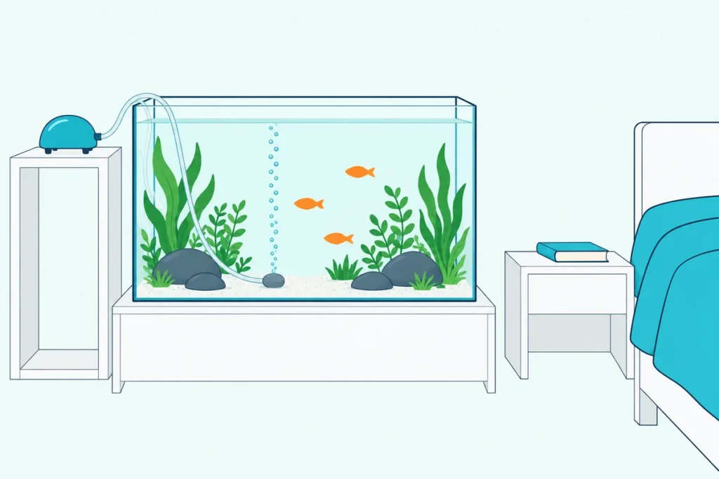 A dome-shaped air pump on its own shelf beside a planted fish tank in a bedroom, feeding a bubbling air stone