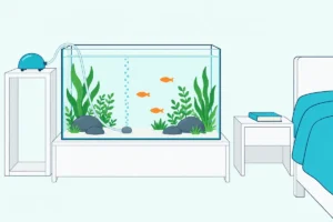 A dome-shaped air pump on its own shelf beside a planted fish tank in a bedroom, feeding a bubbling air stone