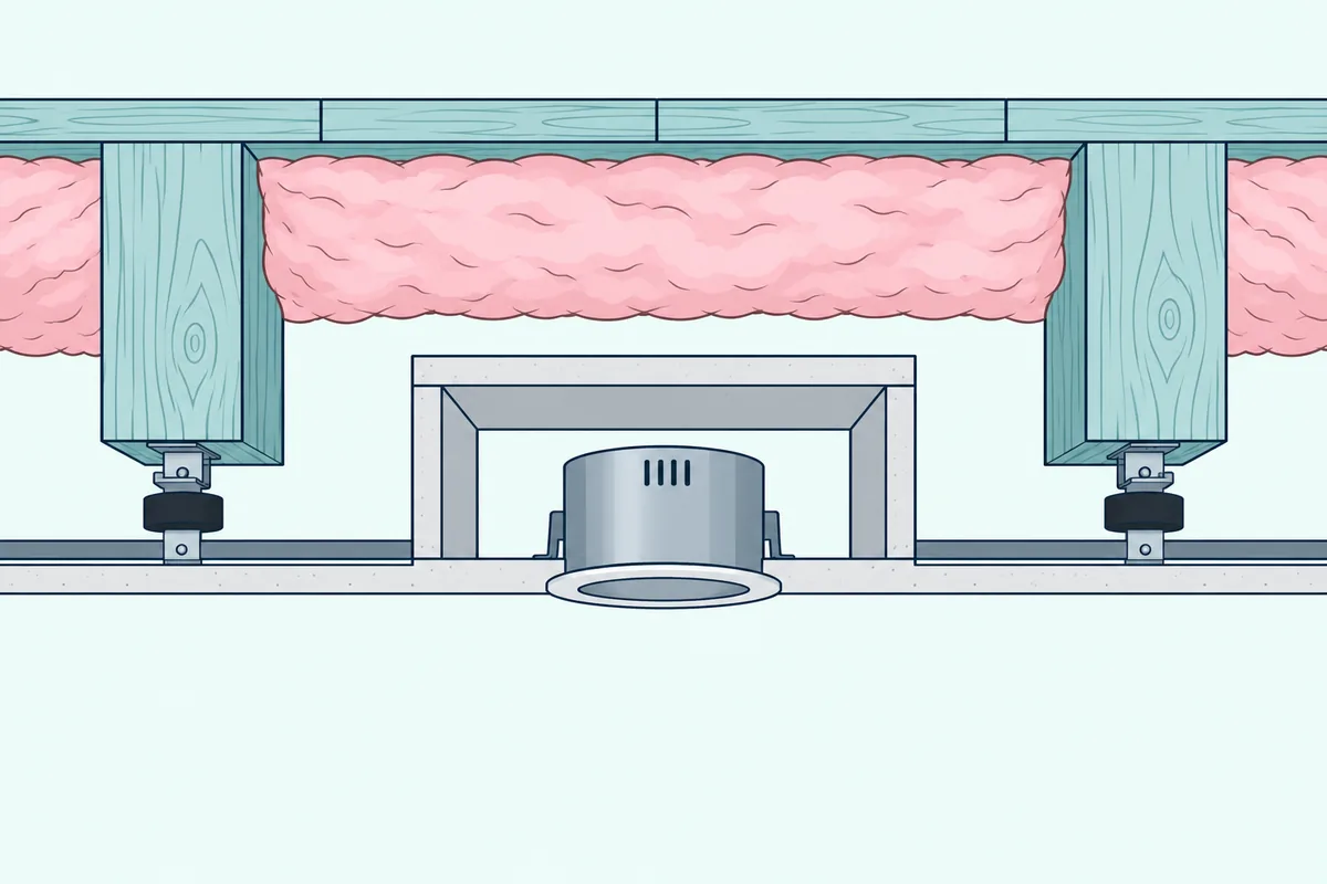 Recessed light fixture enclosed in a box of drywall above a clip-hung basement ceiling, hanging from the metal channel