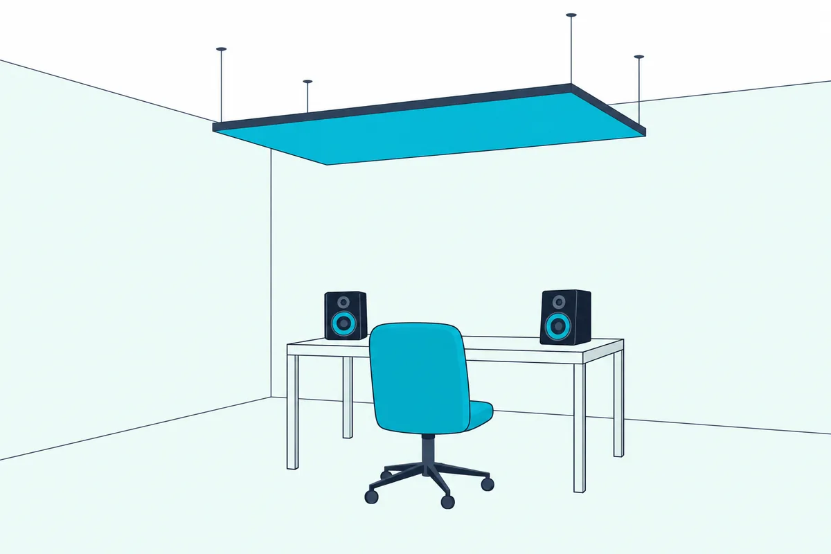 Rectangular fabric acoustic cloud panel hanging flat just below the ceiling above an empty chair and a small desk