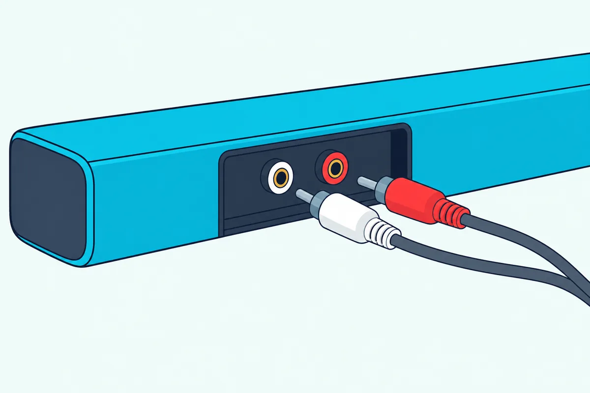 Red and white RCA plugs going into the matching pair of round jacks on the back of a slim soundbar