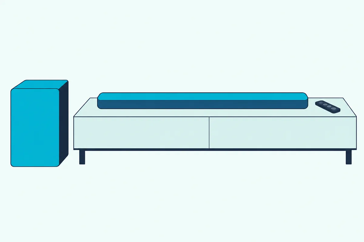 Remote control lying on a TV console beside a plain box subwoofer on the floor