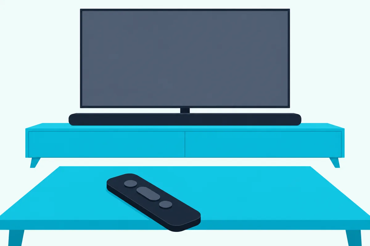 Slim remote control lying on a coffee table in front of a soundbar under a TV with a blank screen