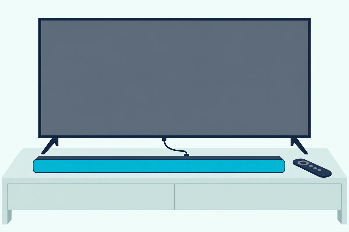Pointer-style remote on a TV stand beside a soundbar, with a thin optical cable running from the bar up to a blank TV