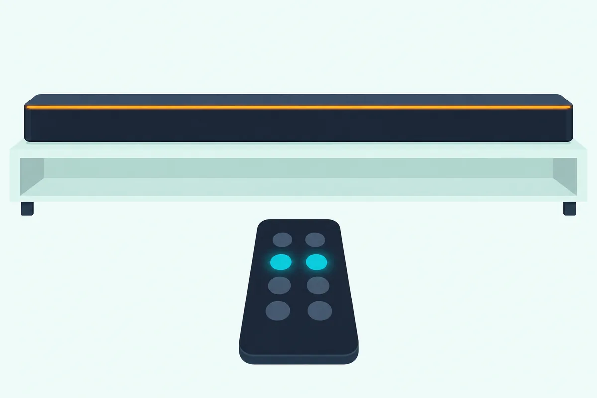 Soundbar remote with two buttons glowing teal in front of a slim soundbar whose light strip glows amber