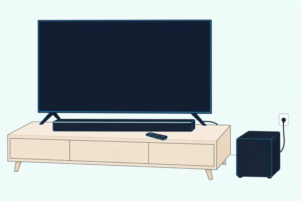 Slim black soundbar with a white light strip under a TV, its remote in front and its power cord running to a wall outlet