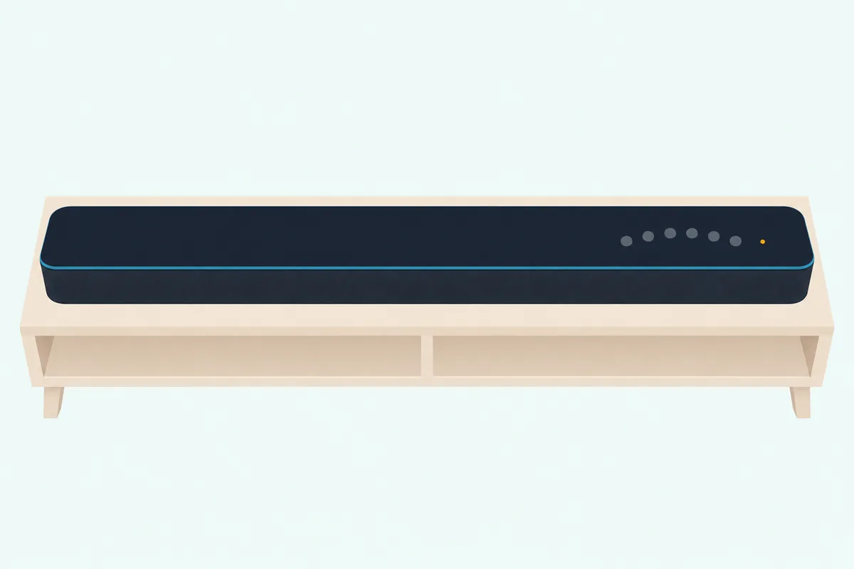 Top of a slim soundbar with a row of small touch buttons and one status light glowing amber