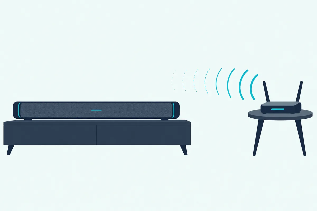 Wireless arcs from a home router fading out before they reach a slim soundbar after its network settings are cleared