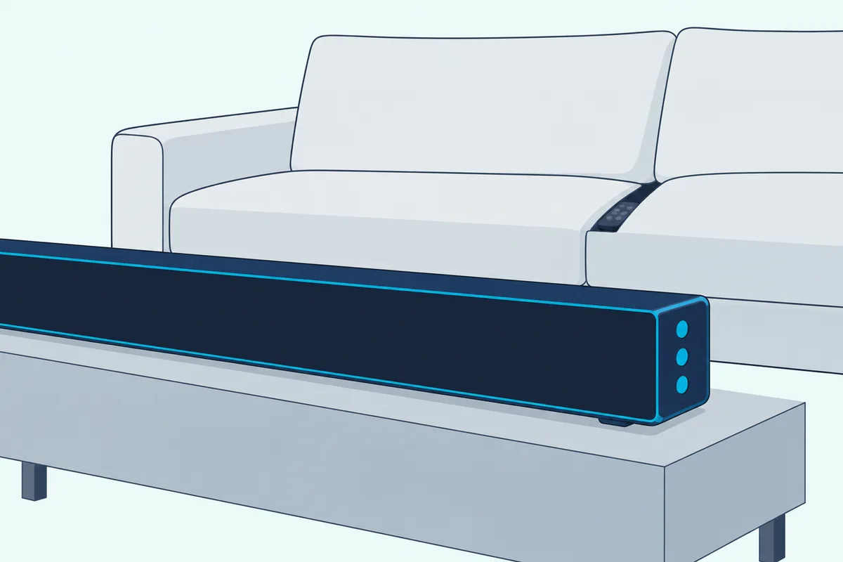 Three small buttons on the side of a slim soundbar, with its remote half hidden between sofa cushions behind it