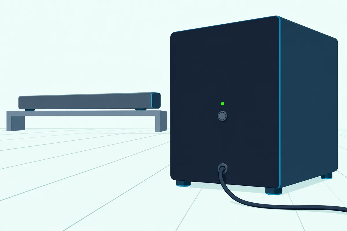 The back of a wireless subwoofer with a small pairing button and a green light, a slim soundbar behind it