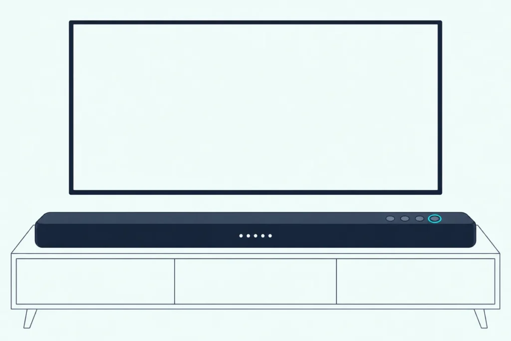 A slim soundbar under a blank TV with one top button ringed in teal and its row of status lights glowing white