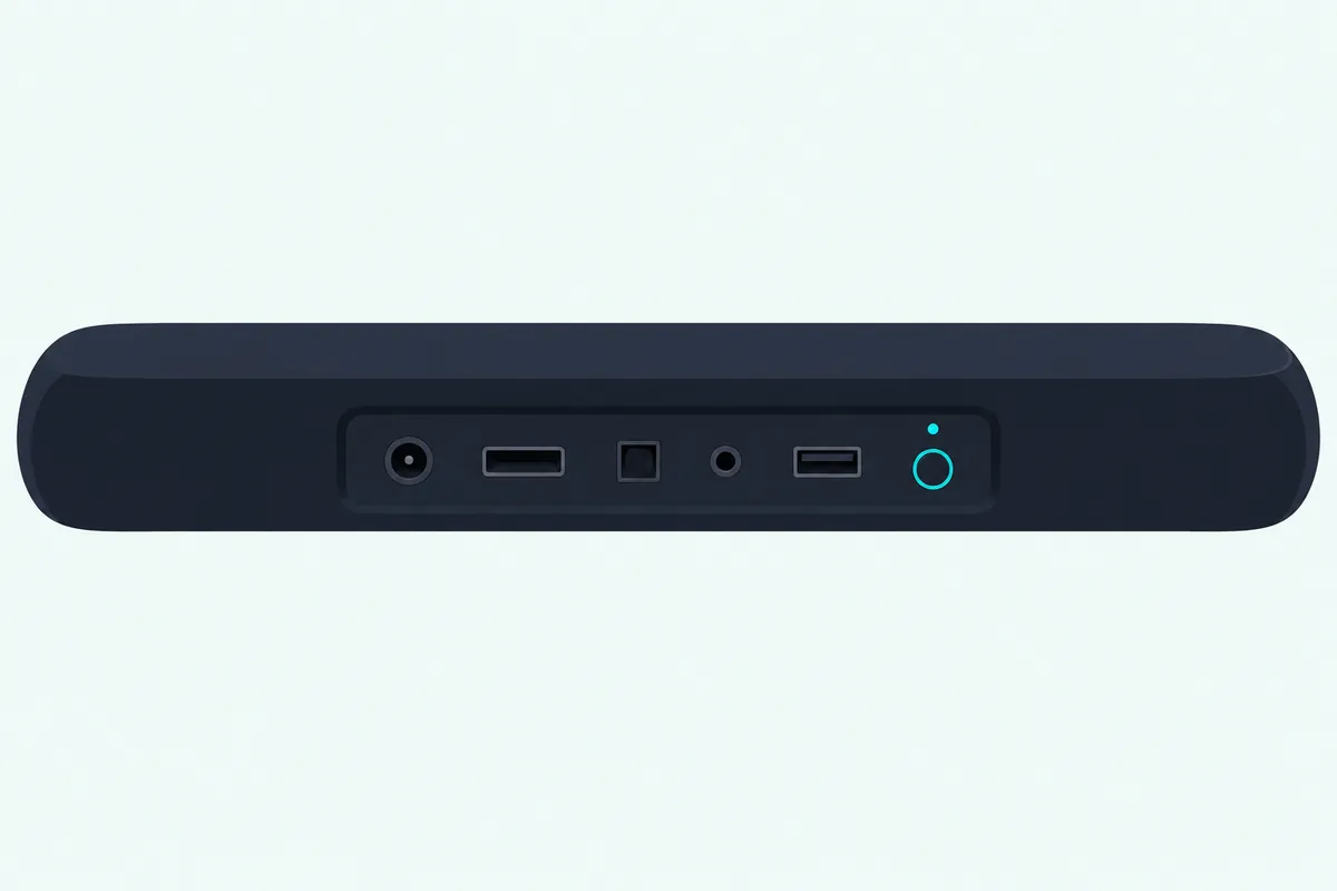 Back panel of a soundbar with a row of ports and a small round reset button ringed in teal