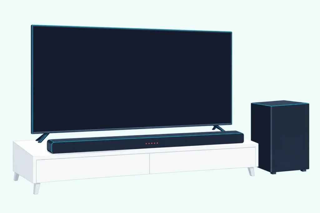 A slim soundbar under a blank TV with its row of status lights glowing red and a wireless subwoofer beside the stand