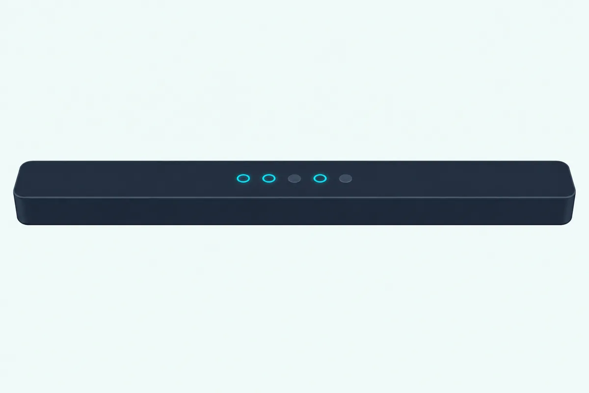 Top panel of a slim black soundbar with five round buttons in a row, three of them ringed in glowing teal