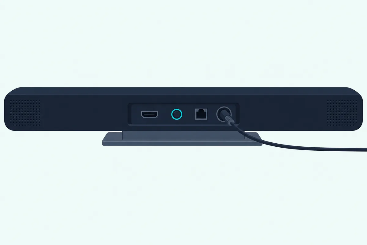 Connector panel of a slim black soundbar, with a small round button glowing teal beside a plugged-in power cord