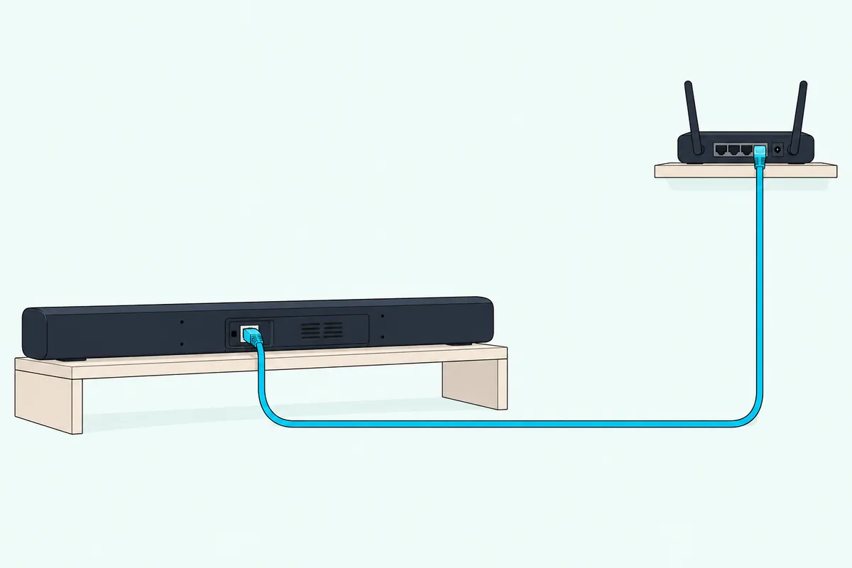 Ethernet cable running from the back of a slim soundbar to a small home router on a shelf