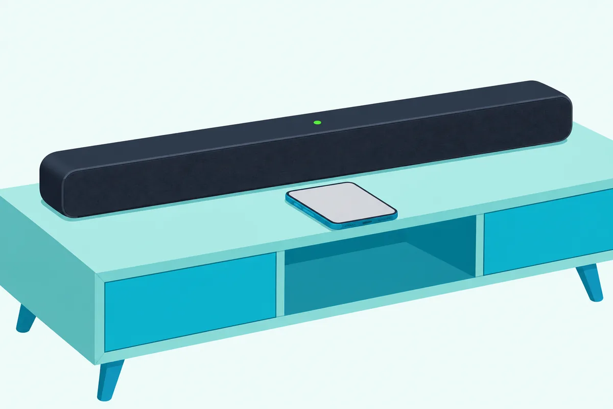 Smartphone with a blank screen lying beside a slim soundbar whose small status light glows green