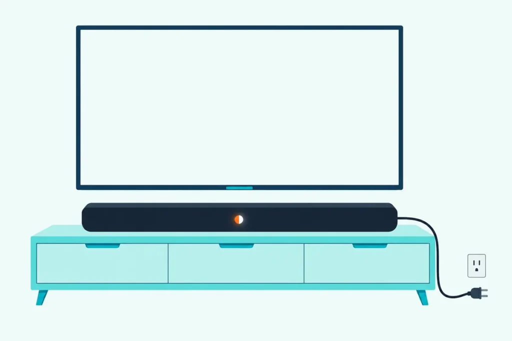 A slim black soundbar under a blank TV, its plug resting by the outlet and a small light glowing orange and white
