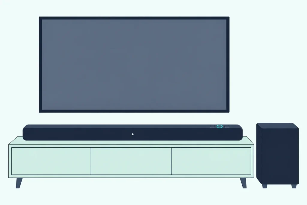 A slim soundbar under a blank TV with one top button ringed in teal and a wireless subwoofer standing beside it
