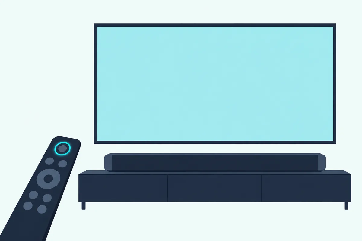 A soundbar remote pointed at a long soundbar beneath a blank TV, one round button on the remote ringed in teal