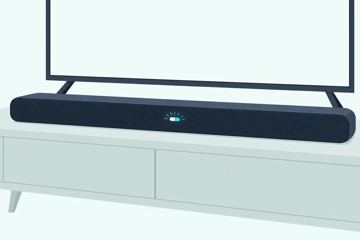 A slim dark soundbar under a blank TV, its small status light glowing white and blue on the front edge