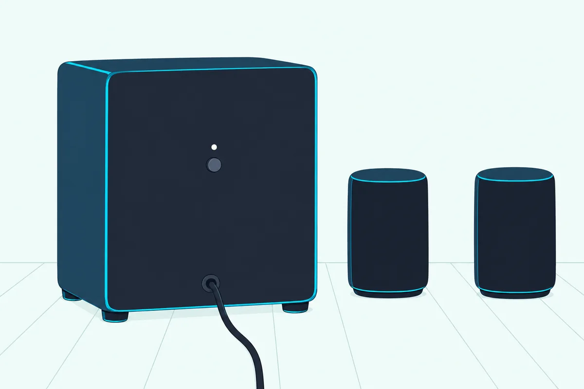 The back of a compact wireless subwoofer with one small button and a white light, two small rear speakers beside it