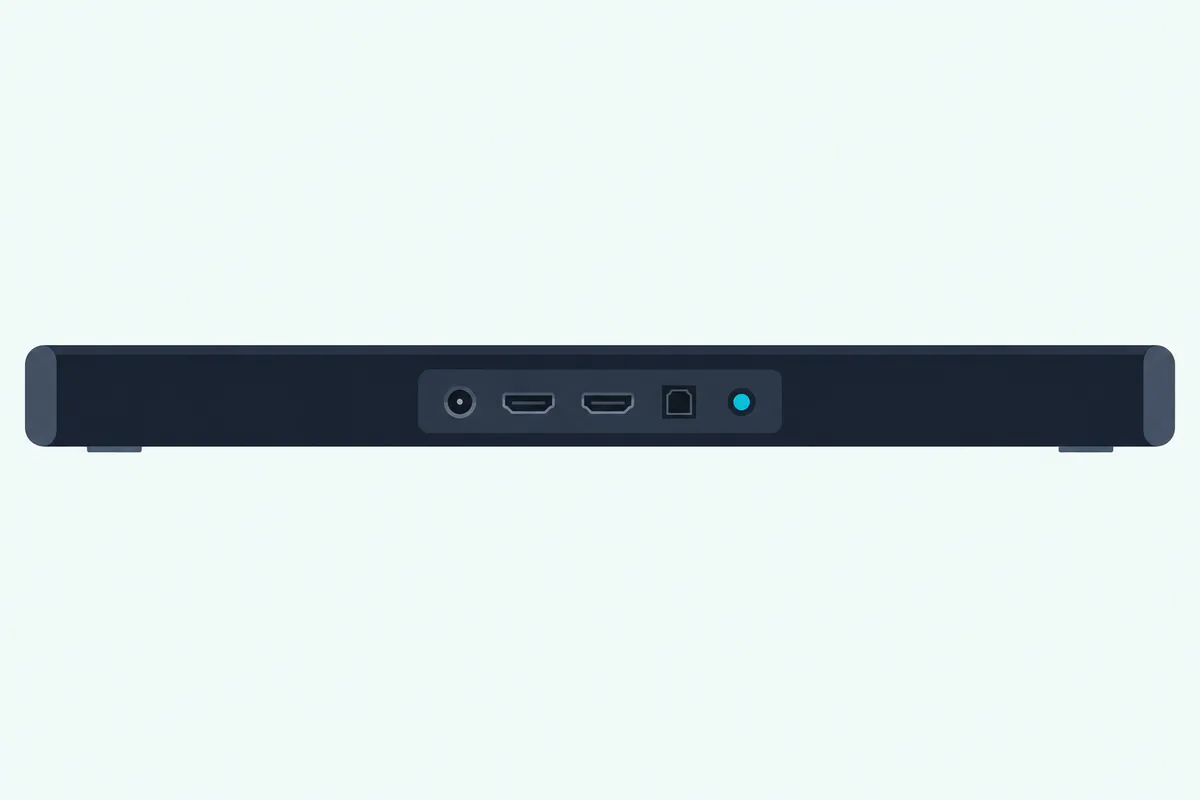 Back panel of a soundbar with a small recessed reset button beside its power and HDMI sockets